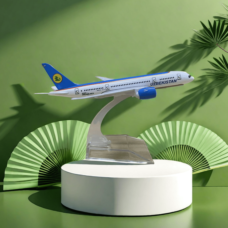 Uzbekistan Boeing B787 Alloy Airplane Model, Blue static display for aviation enthusiasts and office decor collectors.