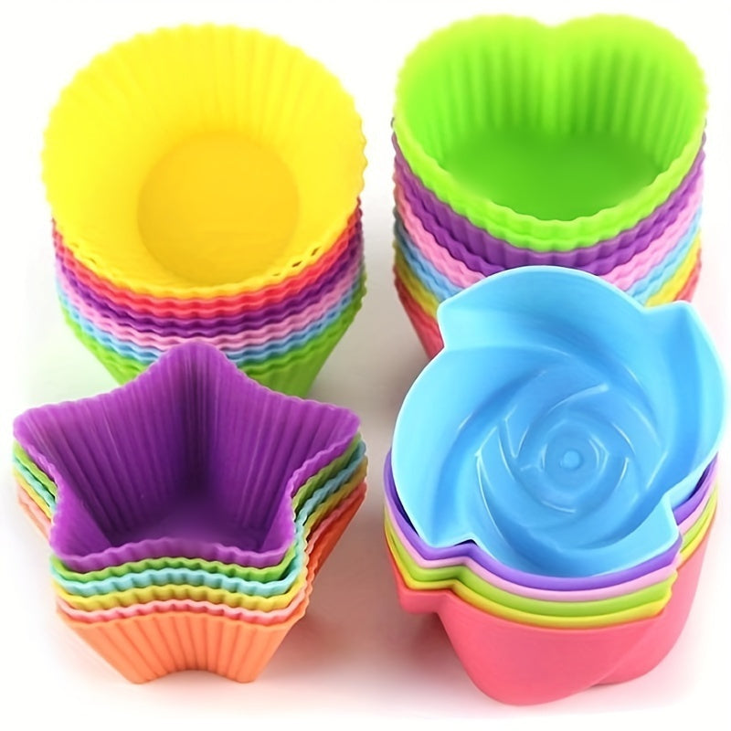 Set of 24 Vibrant Silicone Cupcake Liners - Reusable and Nonstick Baking Cups in Assorted Shapes (Round, Star, Heart, Flower) - Effortless Cleaning Pastry Molds for Muffins and Cupcakes, Durable Cupcake Liners | Fun Kitchen Accessories | Flexible Baking