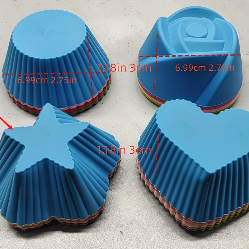 Set of 24 Vibrant Silicone Cupcake Liners - Reusable and Nonstick Baking Cups in Assorted Shapes (Round, Star, Heart, Flower) - Effortless Cleaning Pastry Molds for Muffins and Cupcakes, Durable Cupcake Liners | Fun Kitchen Accessories | Flexible Baking