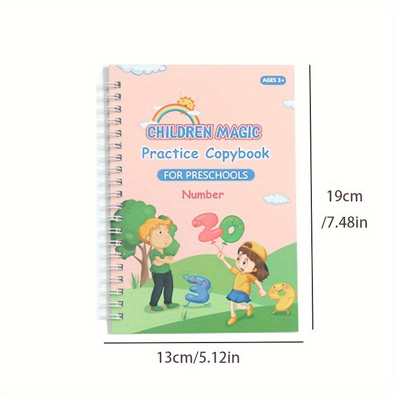 Kids Educational Writing Practice Set includes spiral bound copybook with pen for preschoolers to learn alphabet, numbers, and addition for early literacy and math skills development.