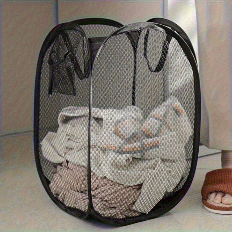 Large Capacity Foldable Mesh Laundry Basket with Handles - Convenient Pop-Up Clothes Hamper for Bathroom, Bedroom, Dorm Room - Versatile Oval-Shaped Storage Organizer with Multiple Compartments