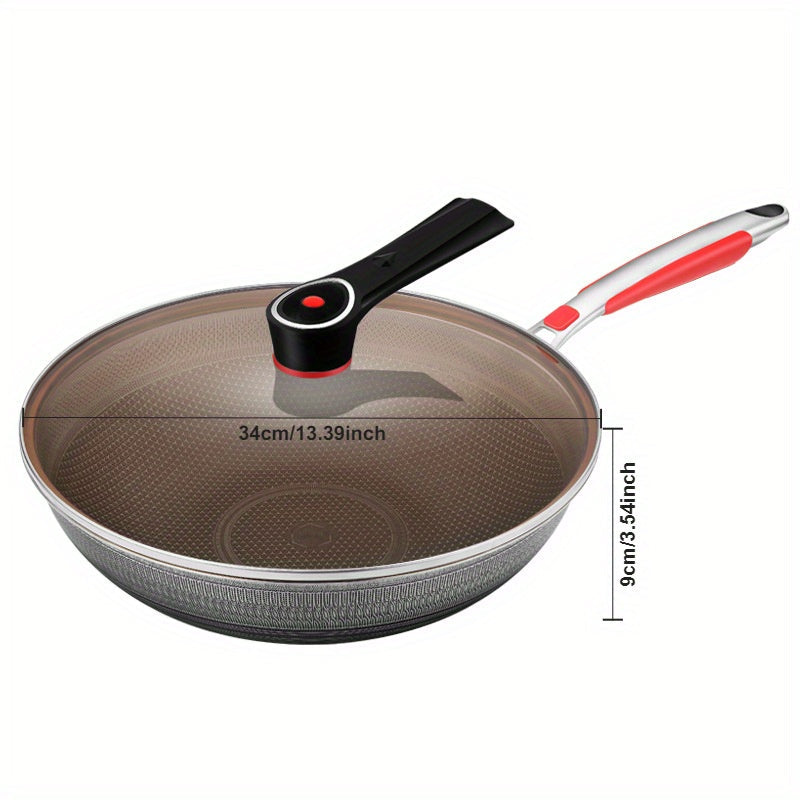 34cm Dual-Sided Flat Bottom Wok with Honeycomb Non-Stick Coating, Stainless Steel Construction, and Glass Lid - Suitable for Induction and Gas Cooking