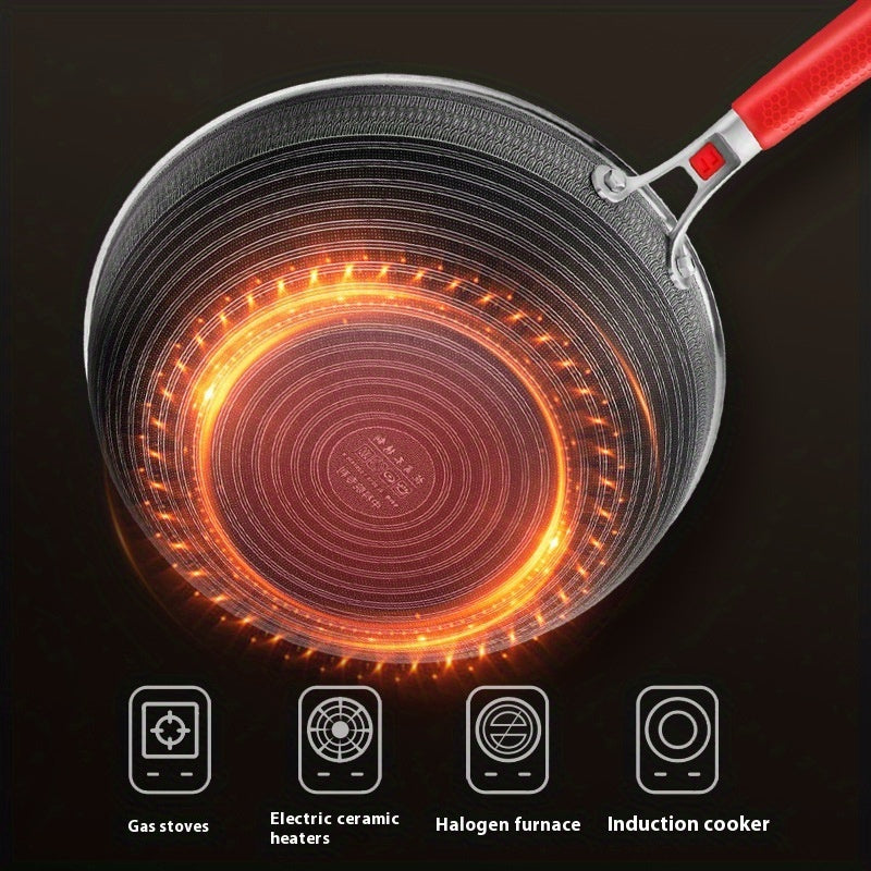 34cm Dual-Sided Flat Bottom Wok with Honeycomb Non-Stick Coating, Stainless Steel Construction, and Glass Lid - Suitable for Induction and Gas Cooking