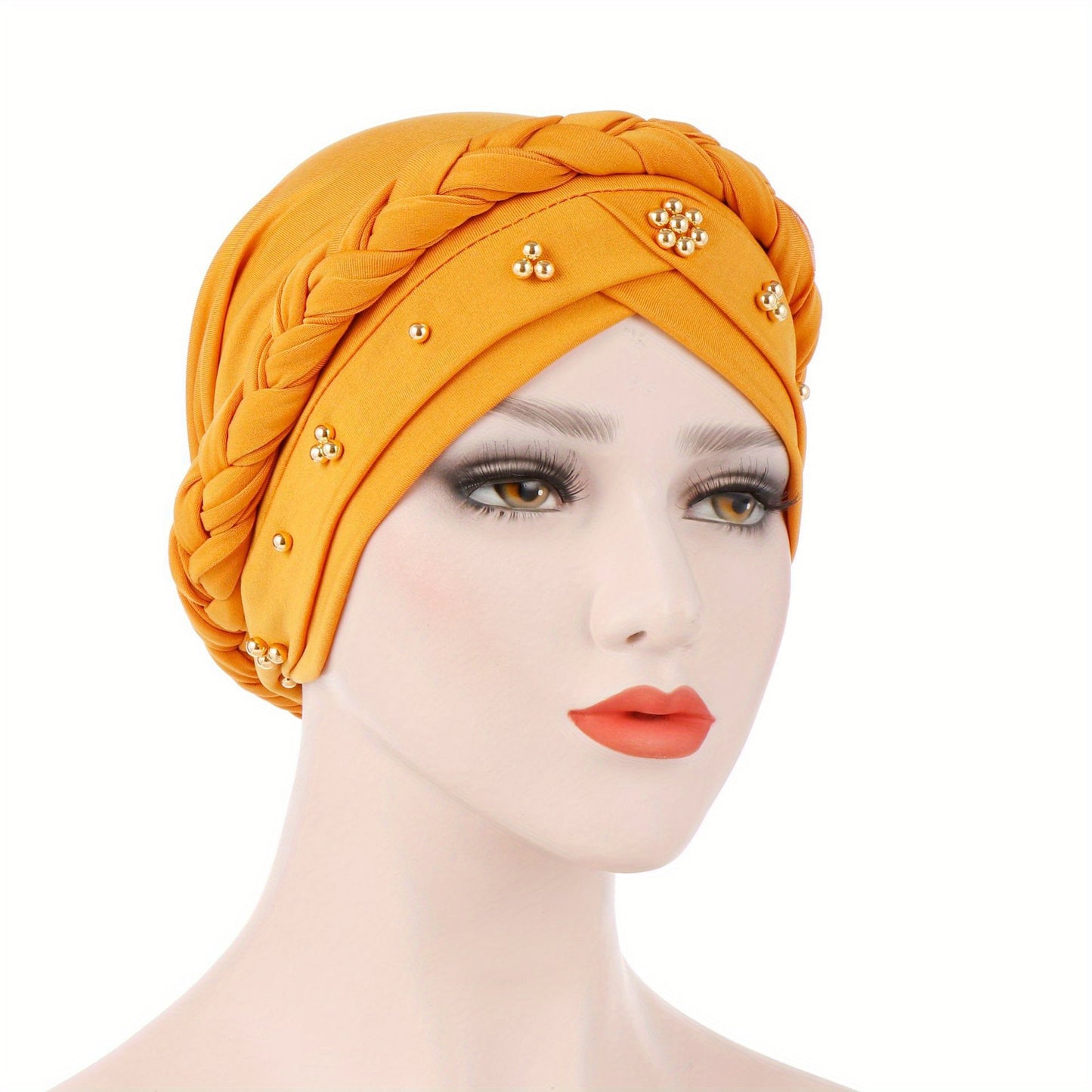 Muslim style headscarf and braided hat with golden bead detailing, made of polyester.