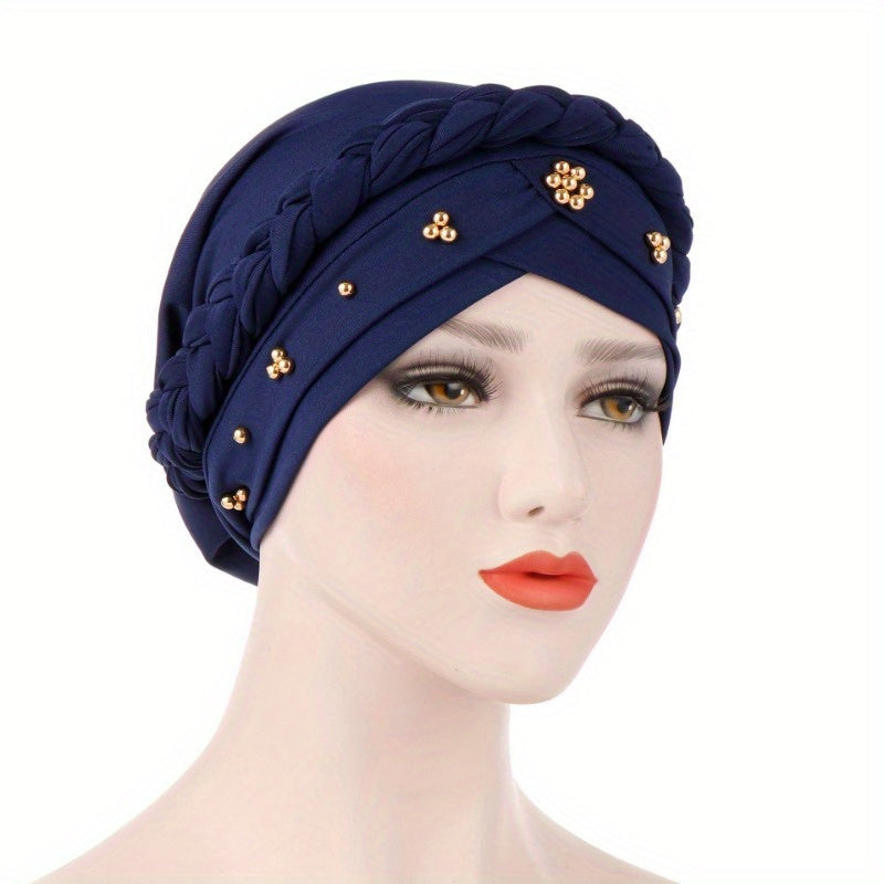 Muslim style headscarf and braided hat with golden bead detailing, made of polyester.