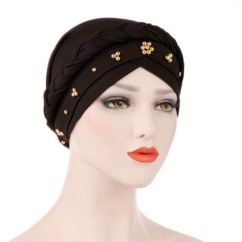 Muslim style headscarf and braided hat with golden bead detailing, made of polyester.