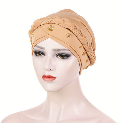 Muslim style headscarf and braided hat with golden bead detailing, made of polyester.