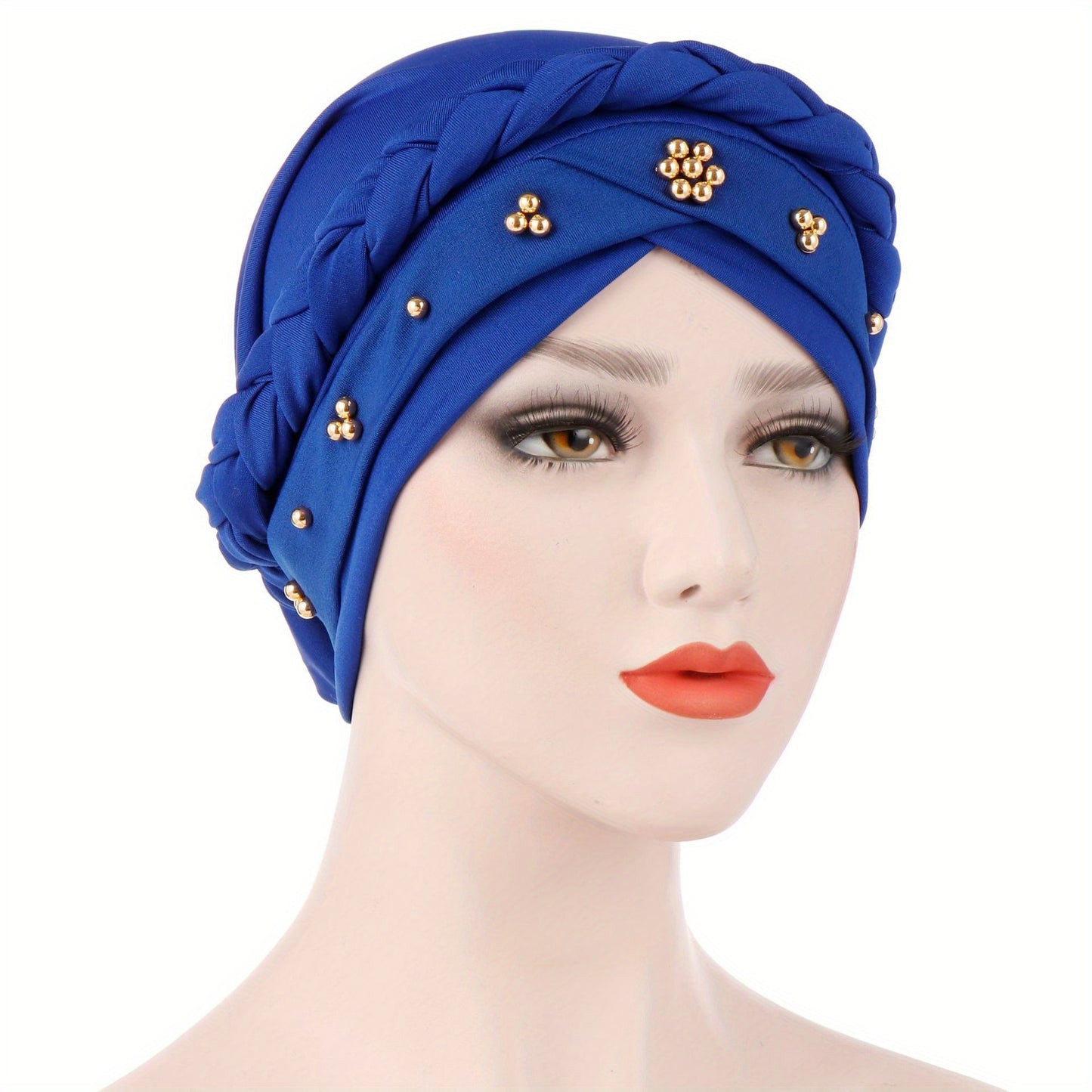 Muslim style headscarf and braided hat with golden bead detailing, made of polyester.