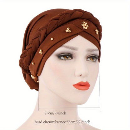 Muslim style headscarf and braided hat with golden bead detailing, made of polyester.