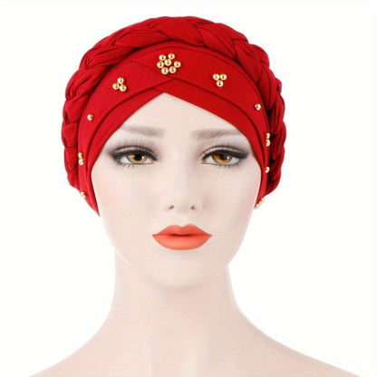 Muslim style headscarf and braided hat with golden bead detailing, made of polyester.