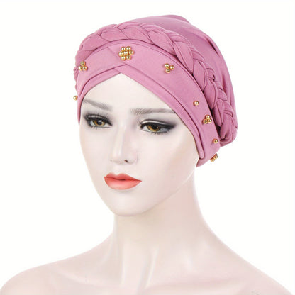 Muslim style headscarf and braided hat with golden bead detailing, made of polyester.