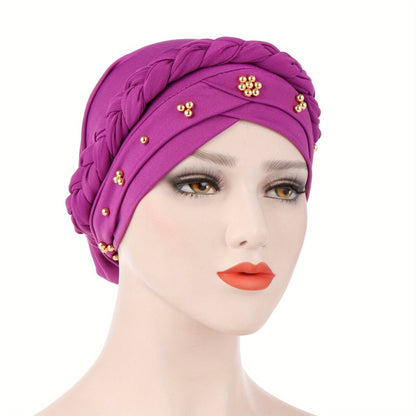 Muslim style headscarf and braided hat with golden bead detailing, made of polyester.