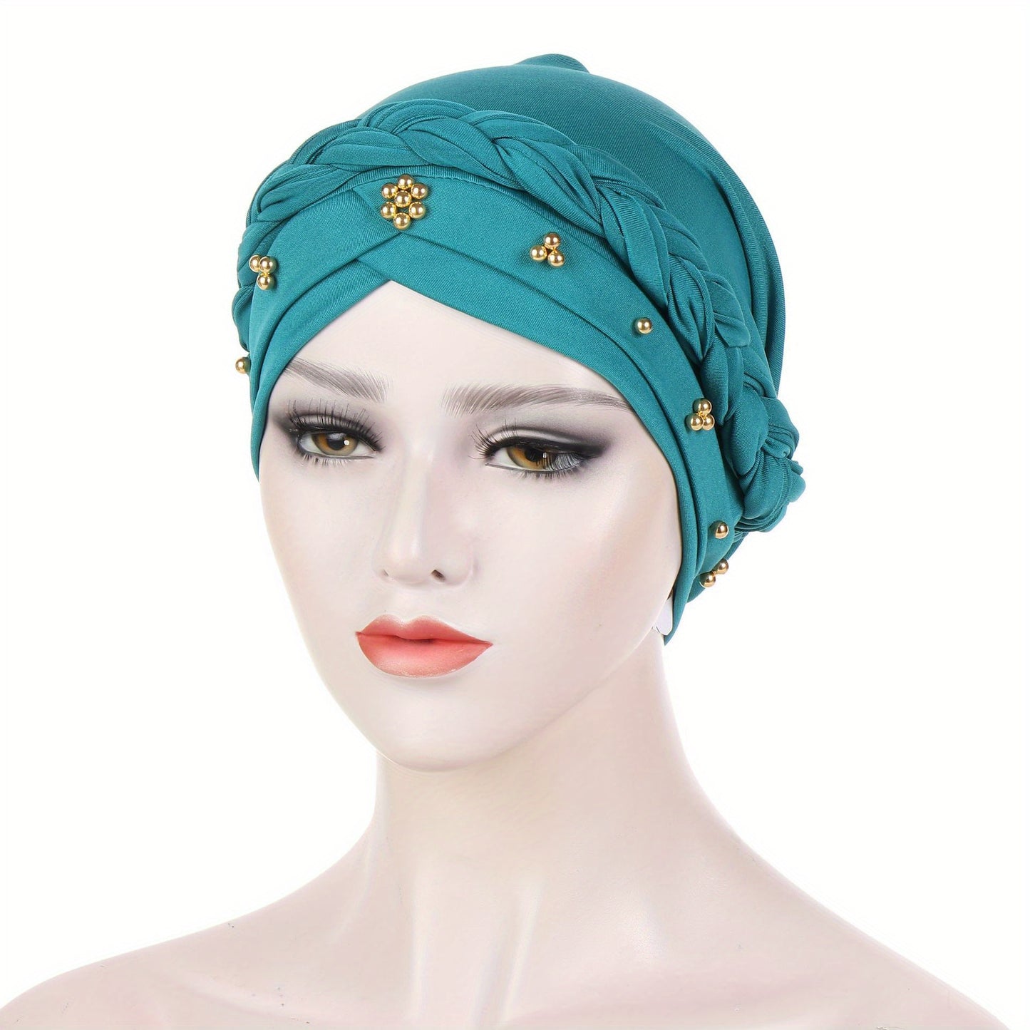 Muslim style headscarf and braided hat with golden bead detailing, made of polyester.