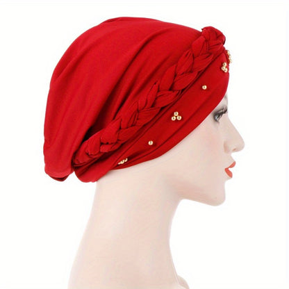 Muslim style headscarf and braided hat with golden bead detailing, made of polyester.