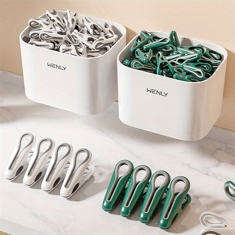 Non-marking clothespins set by WENLY, featuring plastic laundry clips with a storage basket for hanging clothes and socks. These slip-resistant multipurpose organizing clamps come in two options: 1 storage basket with 24 clips or 1 storage basket with 36