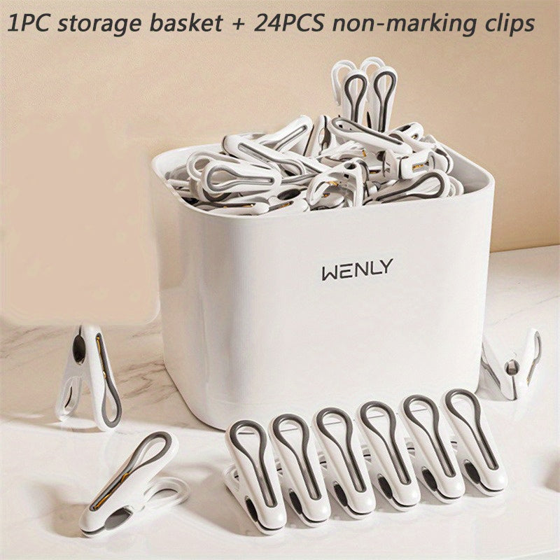 Non-marking clothespins set by WENLY, featuring plastic laundry clips with a storage basket for hanging clothes and socks. These slip-resistant multipurpose organizing clamps come in two options: 1 storage basket with 24 clips or 1 storage basket with 36