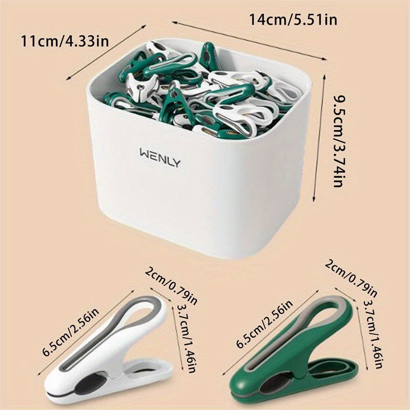 Non-marking clothespins set by WENLY, featuring plastic laundry clips with a storage basket for hanging clothes and socks. These slip-resistant multipurpose organizing clamps come in two options: 1 storage basket with 24 clips or 1 storage basket with 36