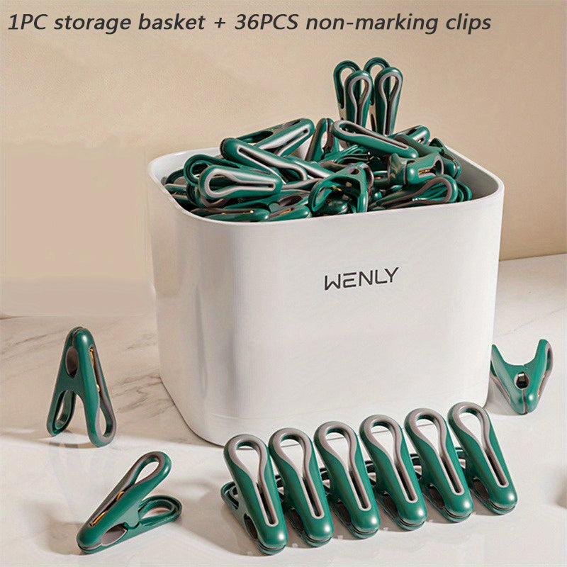 Non-marking clothespins set by WENLY, featuring plastic laundry clips with a storage basket for hanging clothes and socks. These slip-resistant multipurpose organizing clamps come in two options: 1 storage basket with 24 clips or 1 storage basket with 36