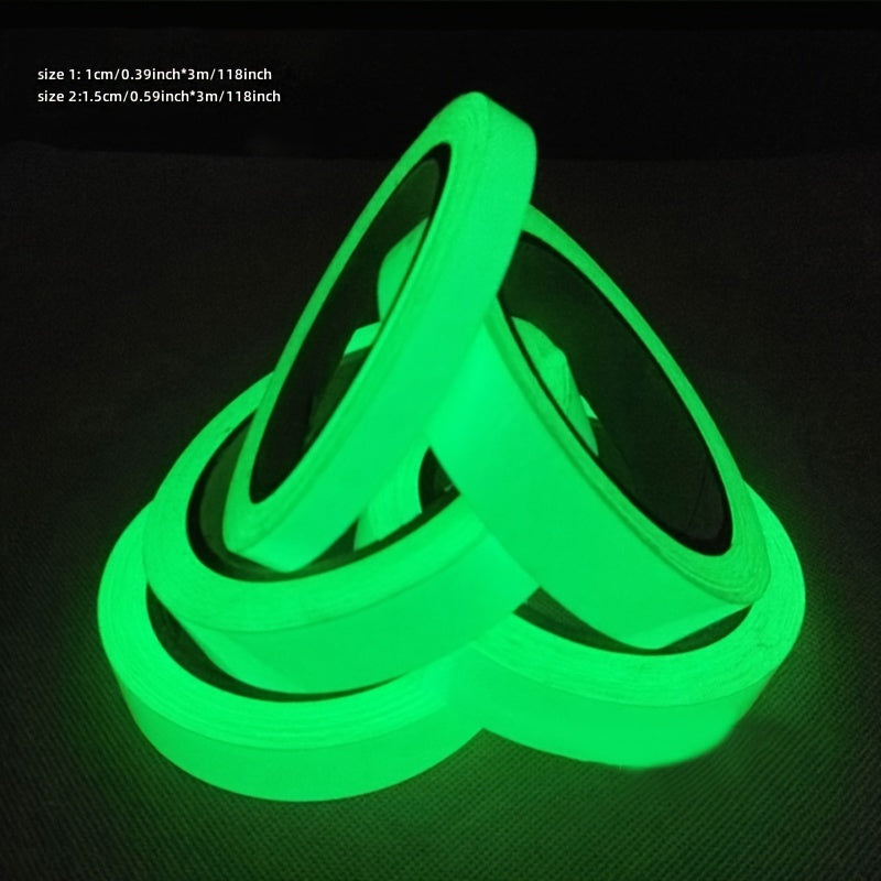 Glow-in-the-dark safety tape with self-adhesive backing, made of PVC for home decor and security alerts.