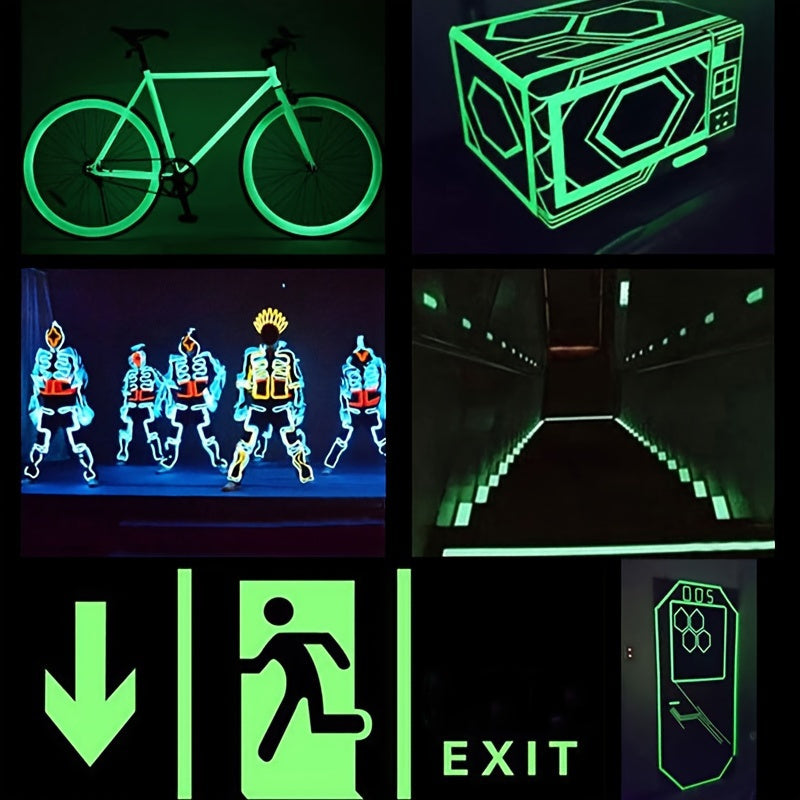 Glow-in-the-dark safety tape with self-adhesive backing, made of PVC for home decor and security alerts.