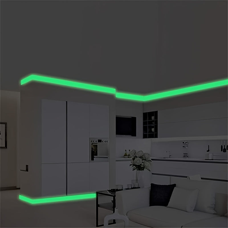 Glow-in-the-dark safety tape with self-adhesive backing, made of PVC for home decor and security alerts.