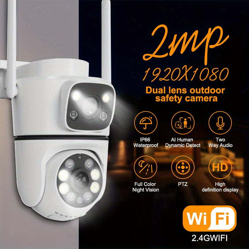 Upgrade your outdoor security with the QKH 1080P Dual-Lens Security Camera. Featuring PTZ, Two-Way Audio, Smart Night Vision, Waterproof design, TF/Cloud Storage, App Control, and 2MP resolution. Connect via 2.4G Frequency for a 360-degree Patrol. (SD