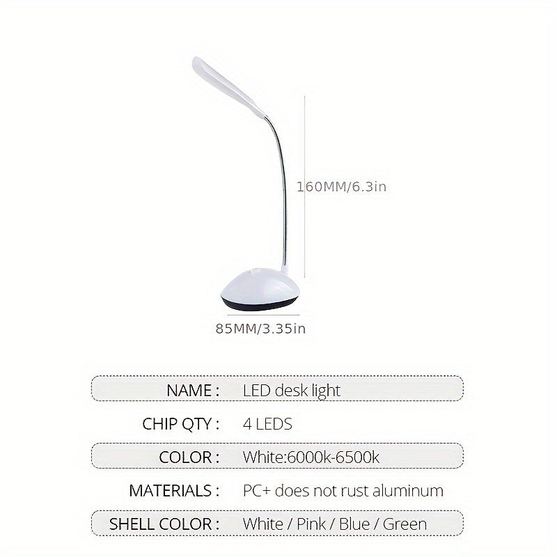 Portable foldable LED desk lamp with 4 color options for eye care during student learning and reading, battery powered.