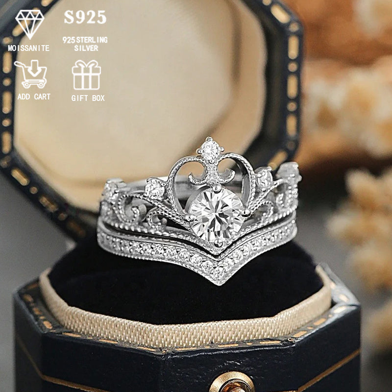 This exquisite Bridal Set features a Royal Crown Design made of high-quality 925 Sterling Silver. The stunning 0.5 Carat Round Moissanite Engagement and Wedding Ring Set is secured in a 4-Prong Setting. Perfect for those with sensitive skin, it is