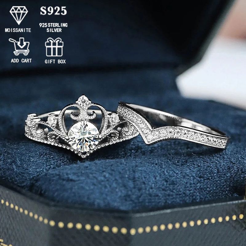 This exquisite Bridal Set features a Royal Crown Design made of high-quality 925 Sterling Silver. The stunning 0.5 Carat Round Moissanite Engagement and Wedding Ring Set is secured in a 4-Prong Setting. Perfect for those with sensitive skin, it is