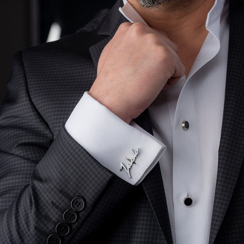 Two personalized cufflinks featuring custom initials and name, perfect for the elegant man. These letter cufflinks make a unique gift for him, ideal for birthdays or Father's Day.