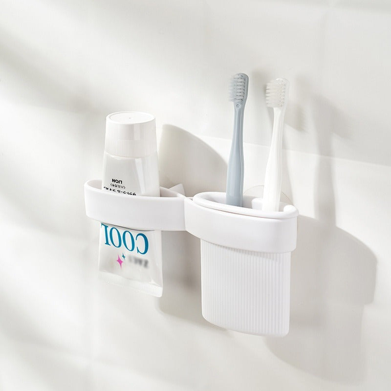 Waterproof Bathroom Organizer with Storage Cups, No-Trace Adhesive for Wall Mounting, Plastic Toothbrush and Toothpaste Holder. Versatile for Storing Toothpaste, Shaving Cream, Razor - No Electricity Required