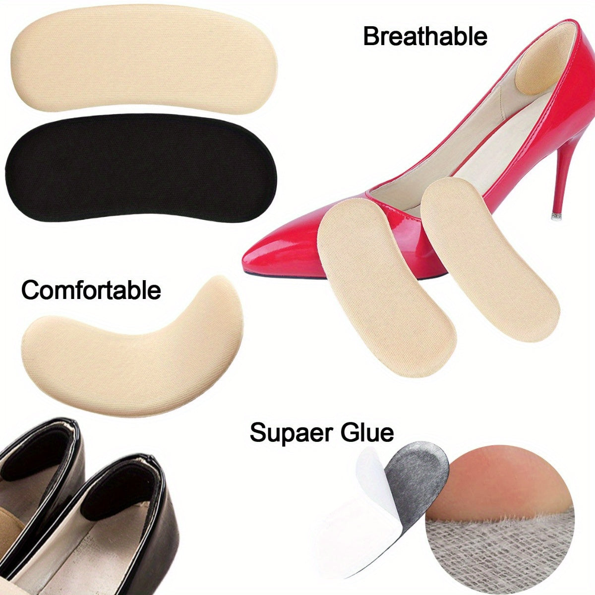 Heel cushion pads - anti-slip grips for comfort and protection in various shoe styles for both women and men.