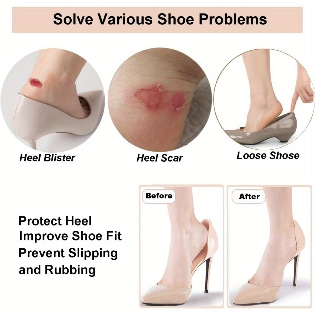 Heel cushion pads - anti-slip grips for comfort and protection in various shoe styles for both women and men.