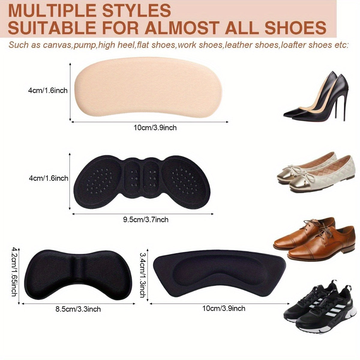 Heel cushion pads - anti-slip grips for comfort and protection in various shoe styles for both women and men.