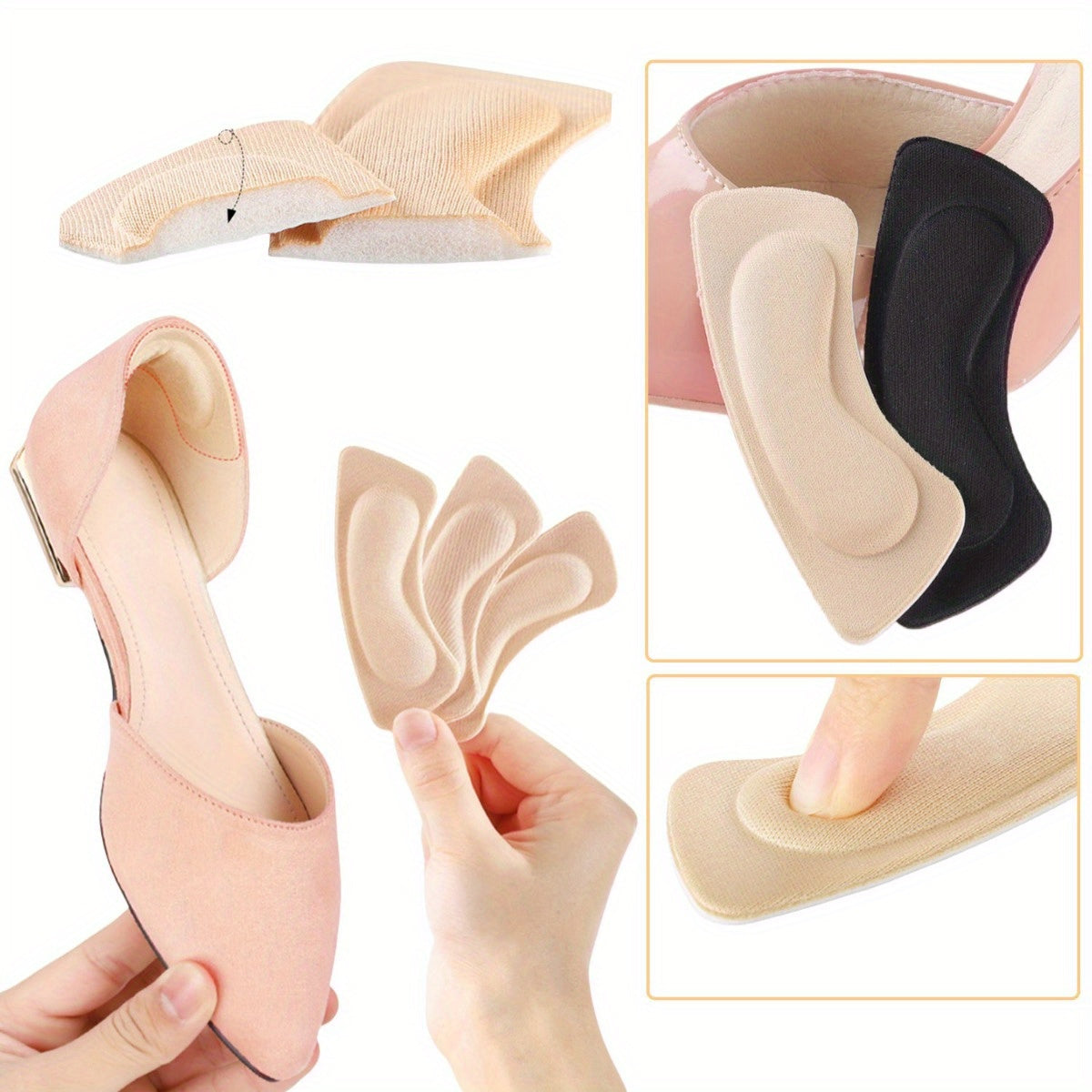 Heel cushion pads - anti-slip grips for comfort and protection in various shoe styles for both women and men.