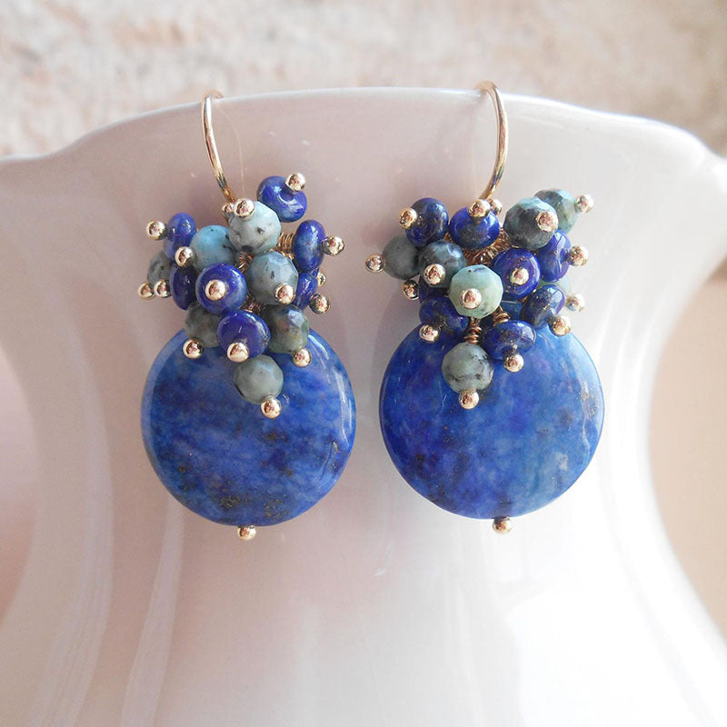 Stylish Antique-Inspired Gemstone Cluster Earrings - Deep Blue Denim & Emerald Green, Hanging Lapis Lazuli with African Turquoise Details for Casual and Special Occasions