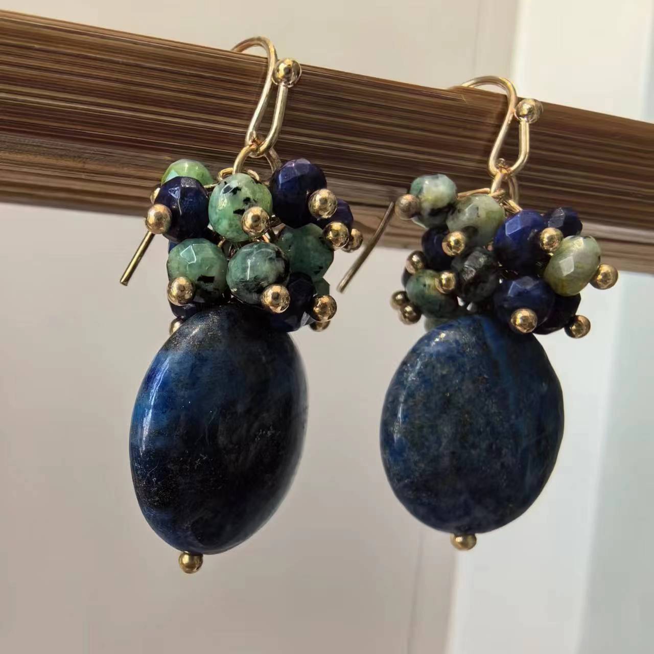 Stylish Antique-Inspired Gemstone Cluster Earrings - Deep Blue Denim & Emerald Green, Hanging Lapis Lazuli with African Turquoise Details for Casual and Special Occasions