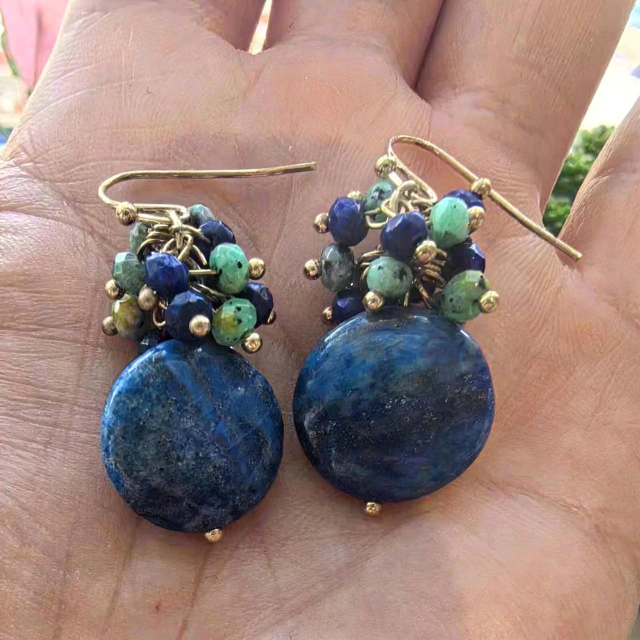 Stylish Antique-Inspired Gemstone Cluster Earrings - Deep Blue Denim & Emerald Green, Hanging Lapis Lazuli with African Turquoise Details for Casual and Special Occasions