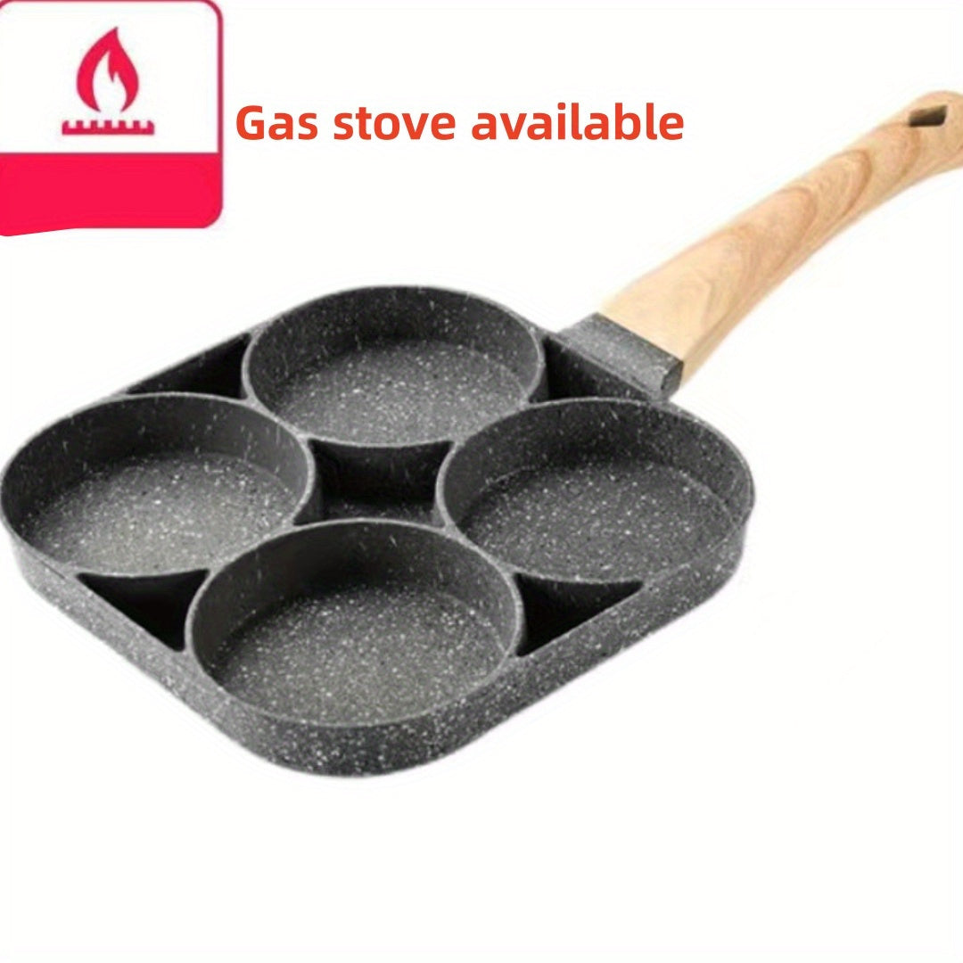 Non-stick egg poacher pan perfect for cooking up to 4 eggs at a time. Features a stay-cool wooden handle and is compatible with all stovetops, including induction and gas. Versatile skillet ideal for making eggs, pancakes, and burgers.