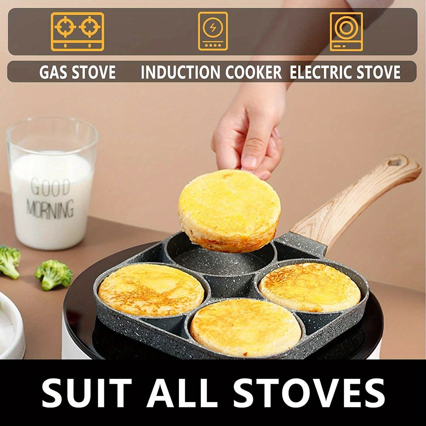 Non-stick egg poacher pan perfect for cooking up to 4 eggs at a time. Features a stay-cool wooden handle and is compatible with all stovetops, including induction and gas. Versatile skillet ideal for making eggs, pancakes, and burgers.