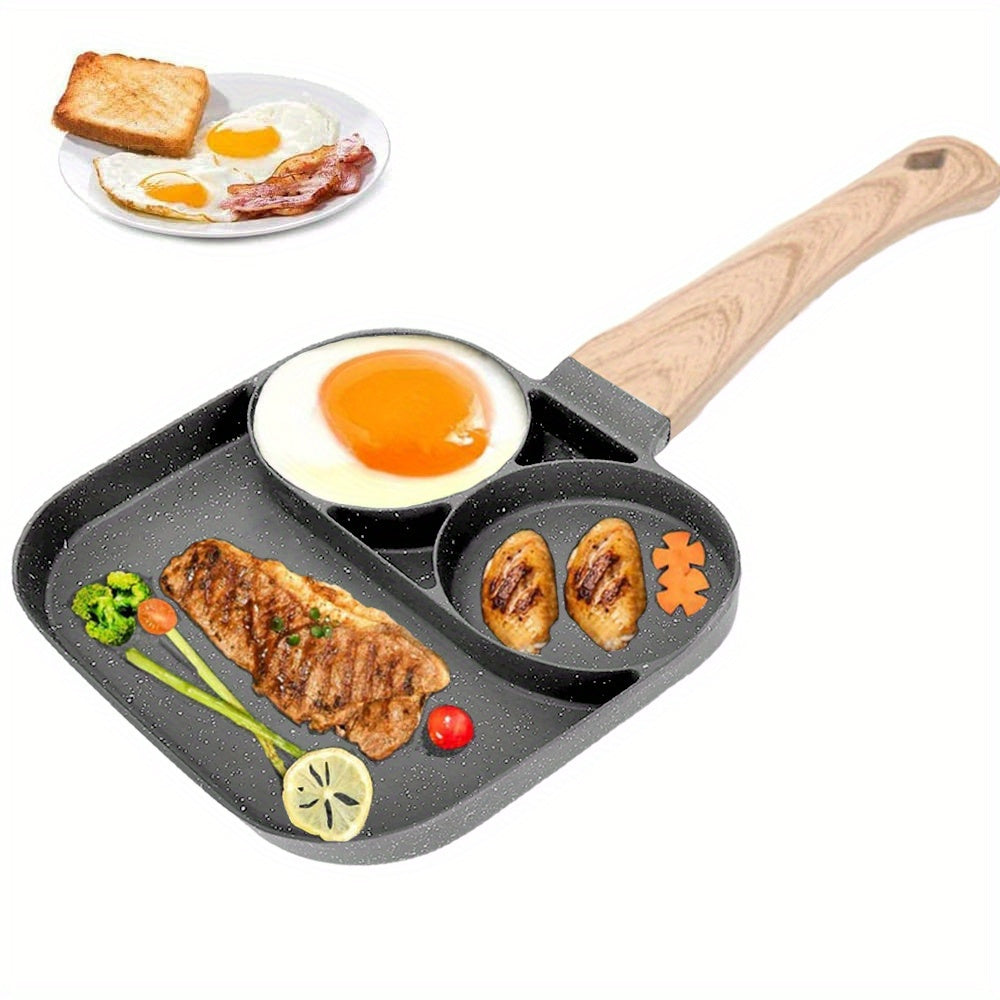 Non-stick egg poacher pan perfect for cooking up to 4 eggs at a time. Features a stay-cool wooden handle and is compatible with all stovetops, including induction and gas. Versatile skillet ideal for making eggs, pancakes, and burgers.