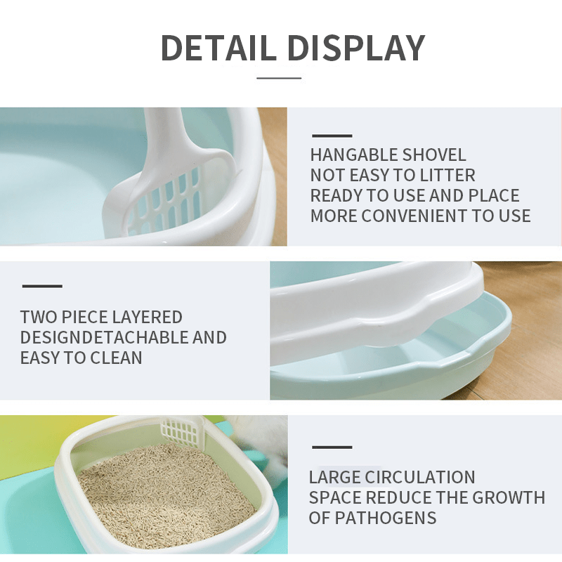 Anti-splash cat litter box with scoop, enclosed design, easy to clean, and made of durable PP material.