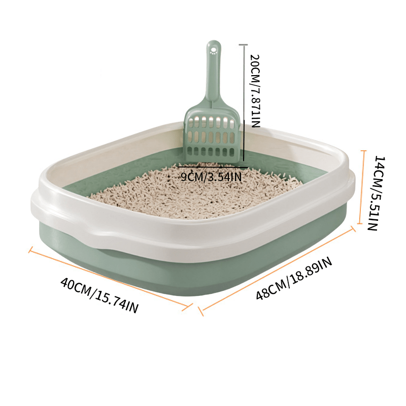 Anti-splash cat litter box with scoop, enclosed design, easy to clean, and made of durable PP material.