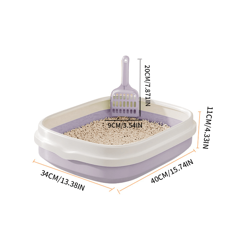 Anti-splash cat litter box with scoop, enclosed design, easy to clean, and made of durable PP material.