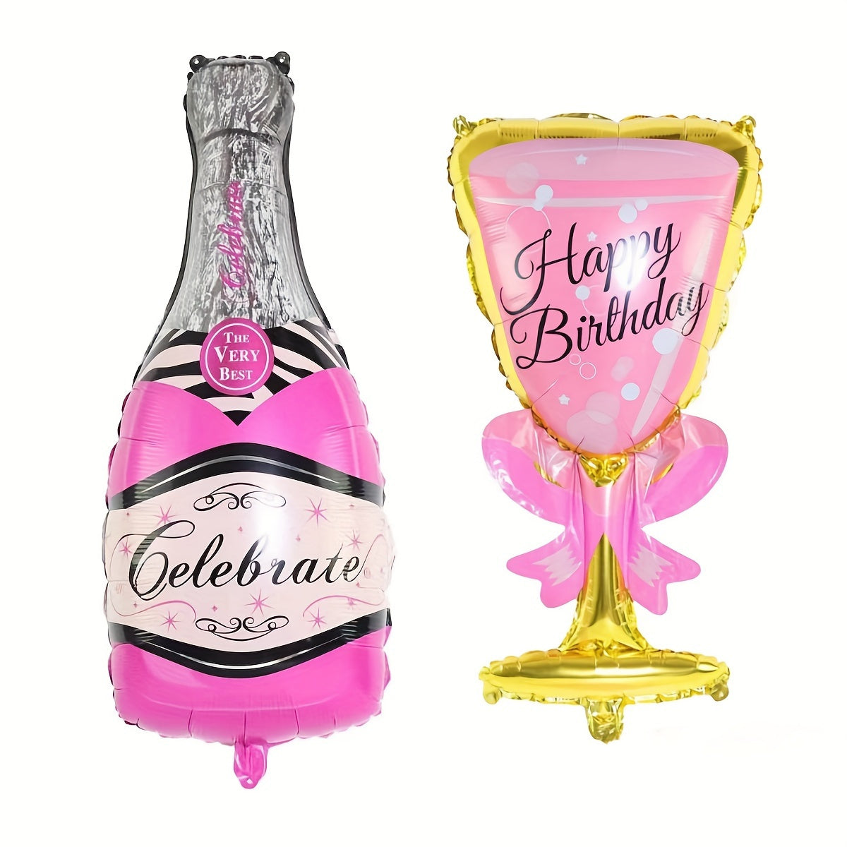 2 pieces of champagne bottle and wine glass foil balloons for birthday party decorations and photo props, creating a festive atmosphere for celebrations and gifting occasions. Perfect for adding a touch of charm to any scene or home decor.