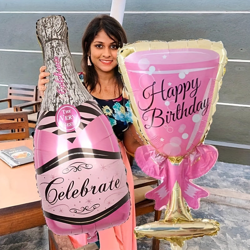 2 pieces of champagne bottle and wine glass foil balloons for birthday party decorations and photo props, creating a festive atmosphere for celebrations and gifting occasions. Perfect for adding a touch of charm to any scene or home decor.