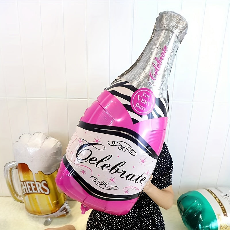 2 pieces of champagne bottle and wine glass foil balloons for birthday party decorations and photo props, creating a festive atmosphere for celebrations and gifting occasions. Perfect for adding a touch of charm to any scene or home decor.