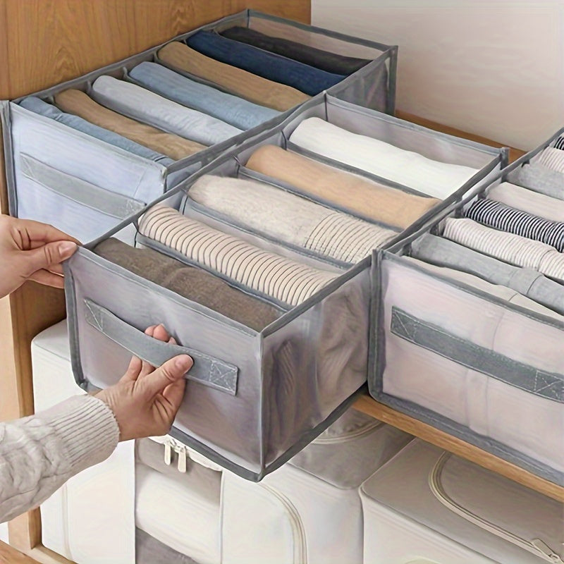 Organize your wardrobe with these fabric drawer divider storage bins featuring handles. With 7 grids, these bins are perfect for organizing clothes like jeans and shirts. They are washable and foldable for easy storage. Stackable for maximum convenience.