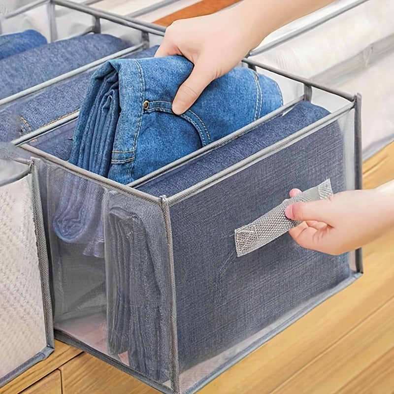 Organize your wardrobe with these fabric drawer divider storage bins featuring handles. With 7 grids, these bins are perfect for organizing clothes like jeans and shirts. They are washable and foldable for easy storage. Stackable for maximum convenience.