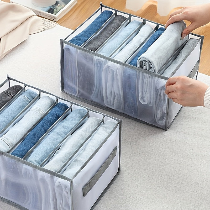 Organize your wardrobe with these fabric drawer divider storage bins featuring handles. With 7 grids, these bins are perfect for organizing clothes like jeans and shirts. They are washable and foldable for easy storage. Stackable for maximum convenience.